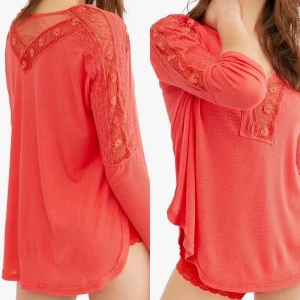 Free People Lola Long Sleeve Lace Top-Red-Women Size XS
